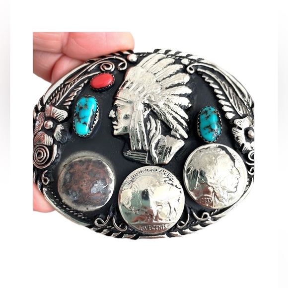 Vintage Other - Native American Indian Turquoise & Coral / Genuine Leather Belt Silver Buckle